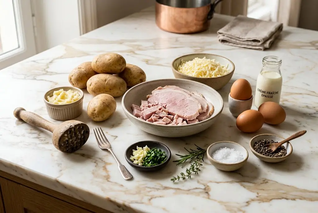 Ingrédients pour la galette de pommes de terre : pommes de terre, jambon, mozzarella râpée, œufs, crème et persillade.