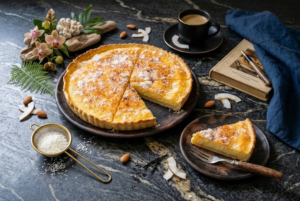 Part de tarte coco découpée dans une assiette avec noix de coco râpée