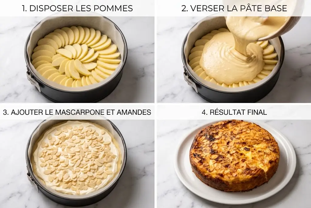 Guide étape par étape en 4 images pour réussir la préparation du gâteau aux pommes au mascarpone