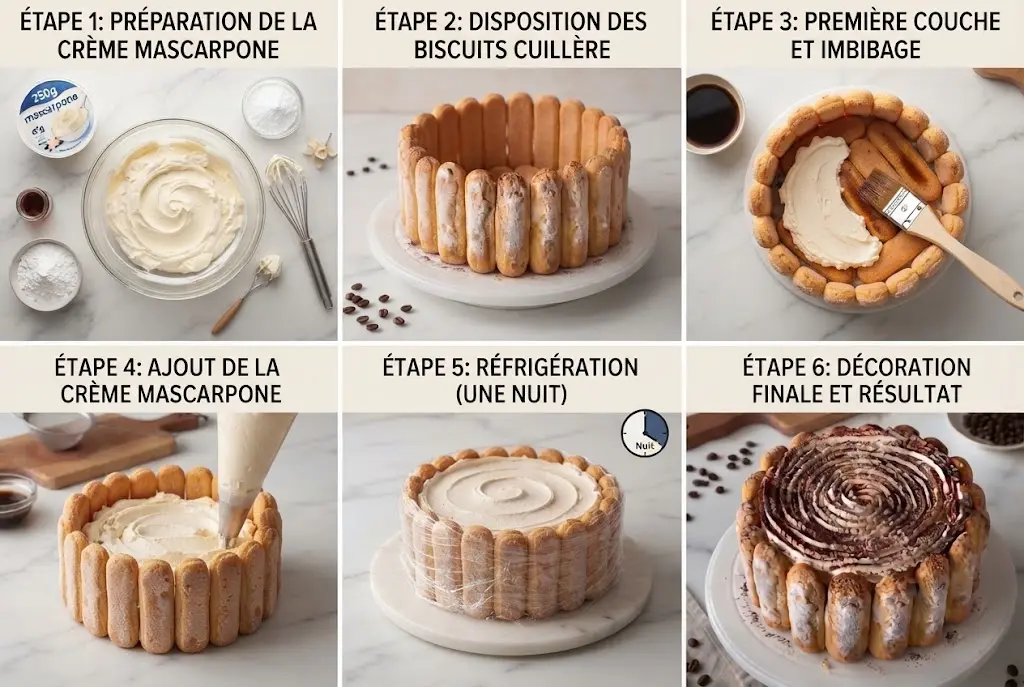 Disposition minutieuse des biscuits cuillère autour du cercle pour une charlotte façon tiramisu.