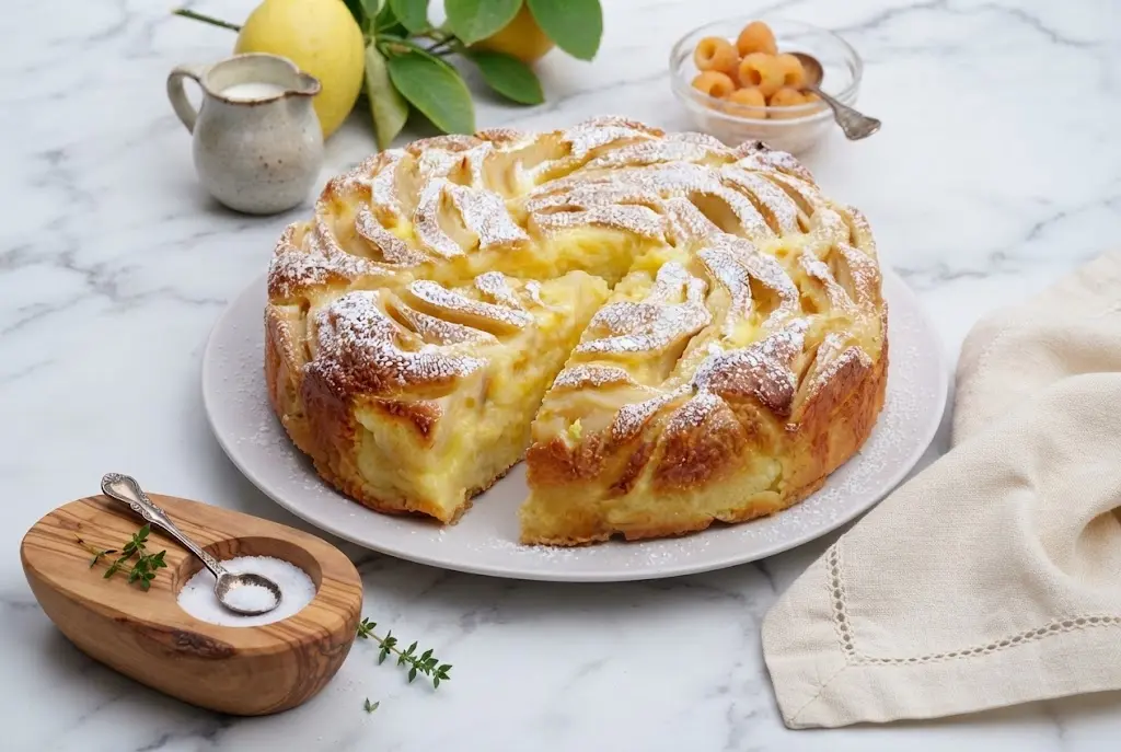 Partie coupée d'un gâteau aux pommes et crème pâtissière moelleux saupoudré de sucre glace