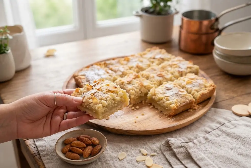 Photo de présentation des carrés crumble aux amandes finis. Une main tient un carré devant un grand plateau de carrés découpés, avec un bol d'amandes entières et un torchon en lin sur une table en bois lumineuse.