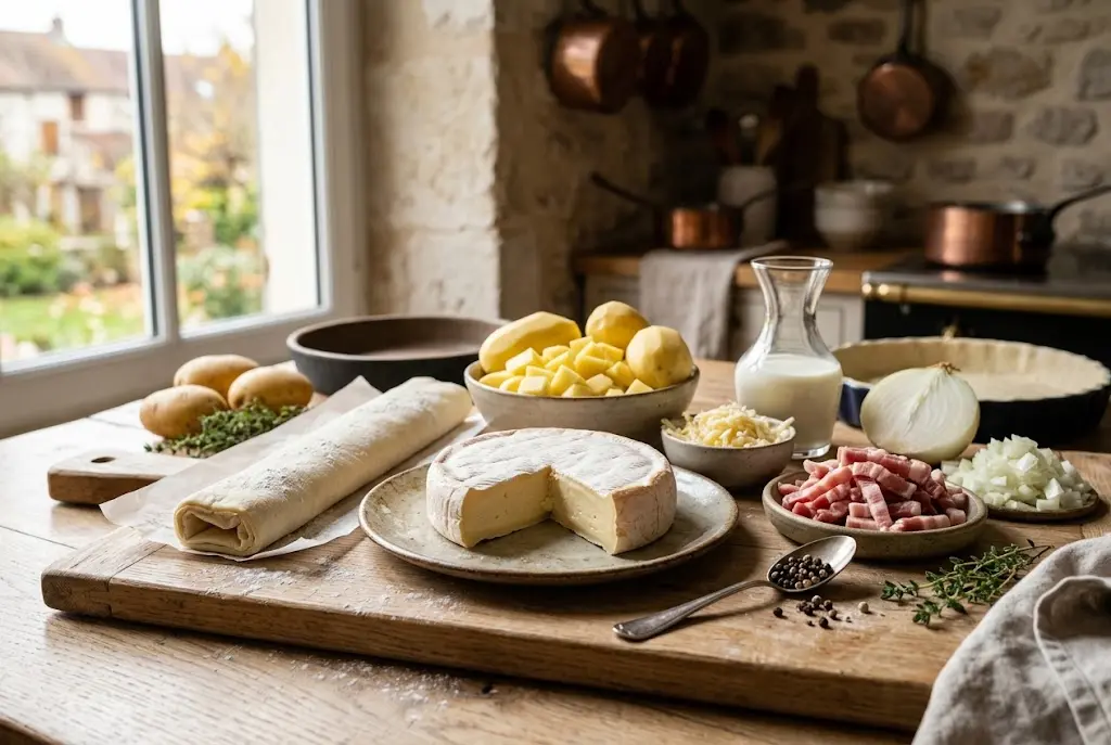 Plan rapproché sur les ingrédients bruts de la tarte tartiflette : pommes de terre en dés, lardons fumés, oignons émincés et brins de thym frais disposés sur une planche en bois rustique.