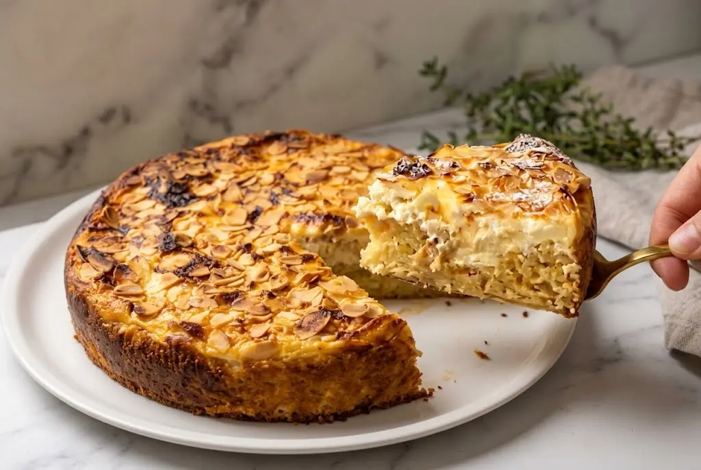 Une part de gâteau aux pommes au mascarpone montrant la couche crémeuse et le dessus croustillant aux amandes
