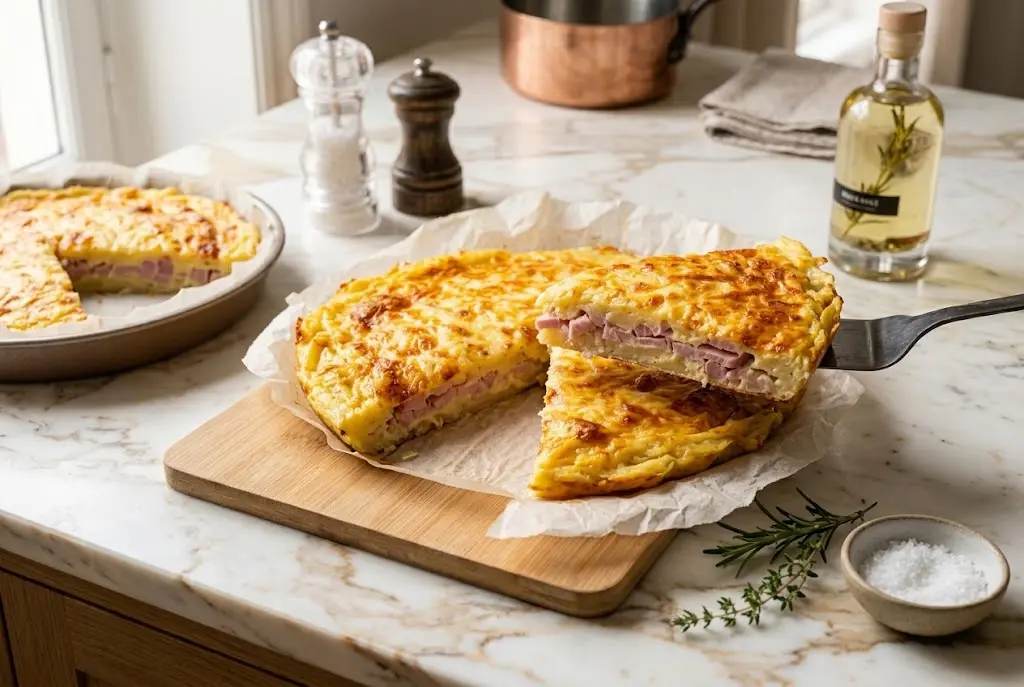 Galette de pommes de terre au jambon et mozzarella cuite, dorée et gratinée, prête à être servie.