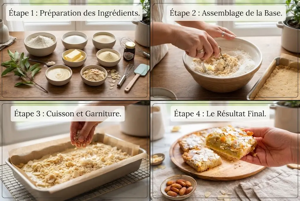 Vue en plongée de mains assemblant les carrés crumble aux amandes dans un moule rectangulaire. Une main étale la crème à l'amande sur la pâte, tandis que l'autre saupoudre le crumble et les amandes effilées.