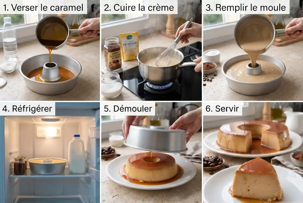 Collage en six panneaux montrant les étapes de préparation du flan au café sans four, du caramel au service.