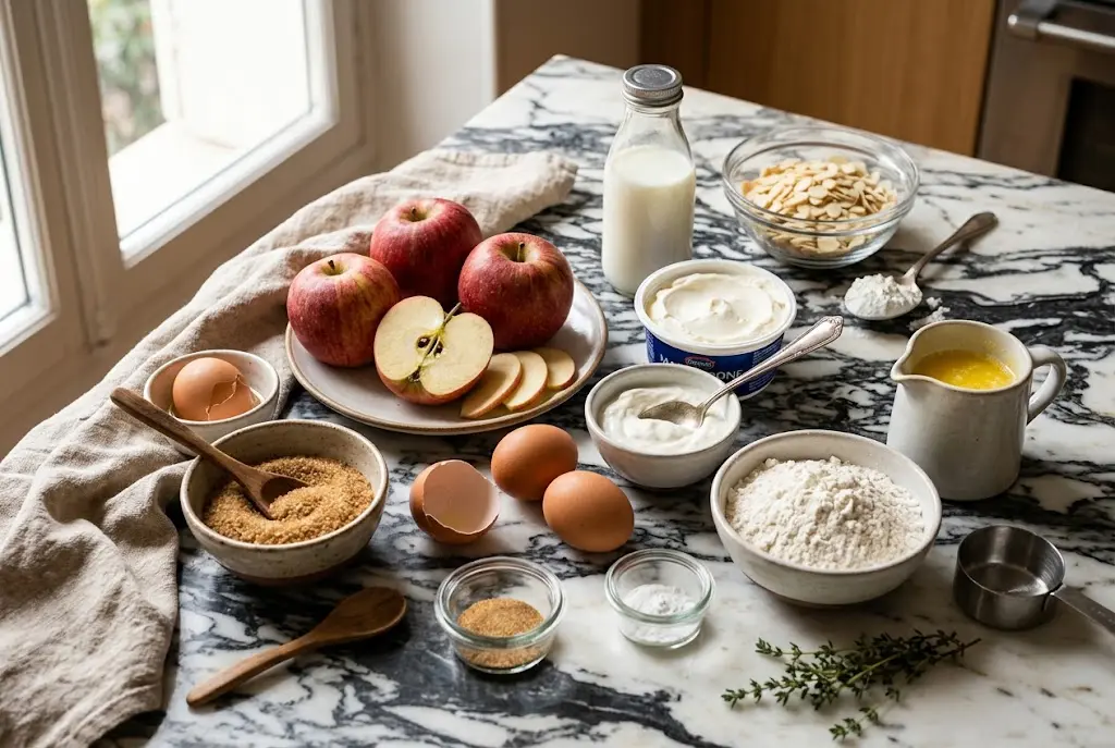 Ingrédients nécessaires pour le gâteau aux pommes au mascarpone disposés sur un plan de travail en marbre