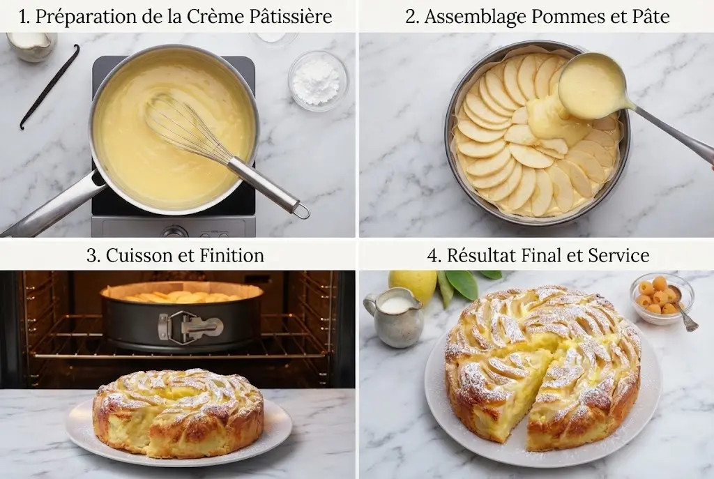 Étapes de préparation du gâteau aux pommes et crème pâtissière en images