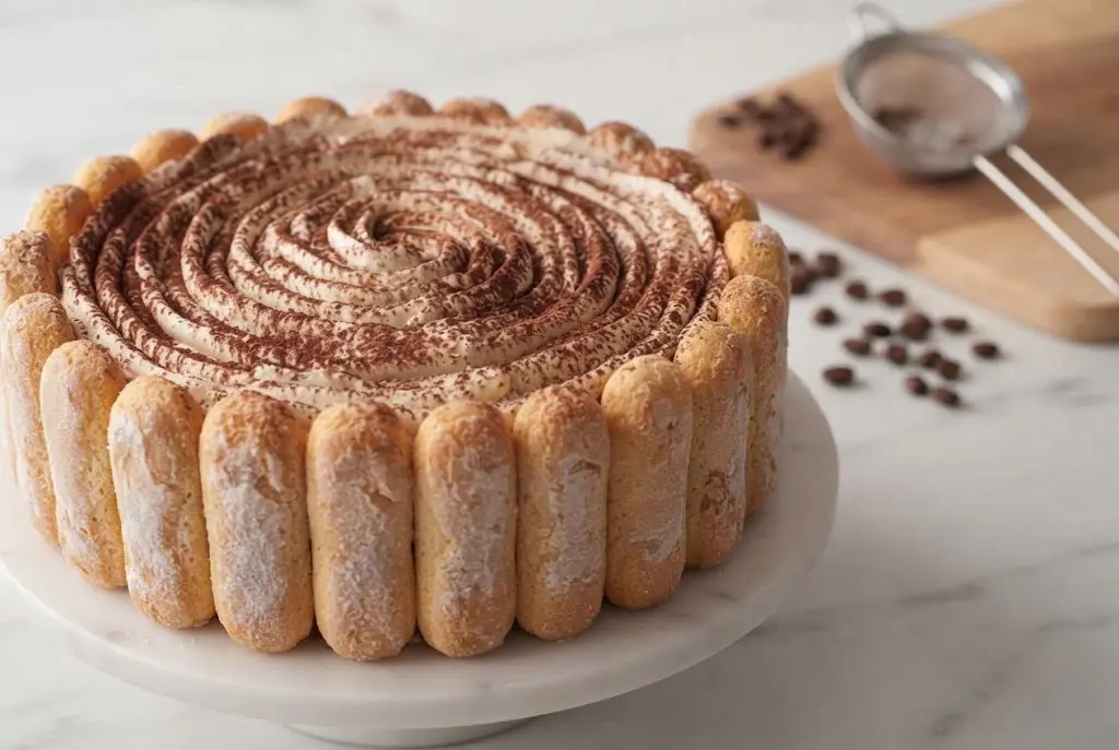 Charlotte Façon Tiramisu - Recette Gourmande Vue d'ensemble de la charlotte façon tiramisu décorée de cacao amer et prête à être dégustée.