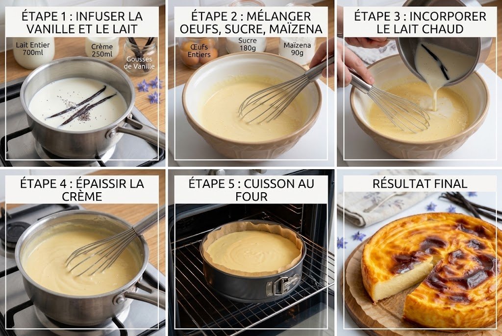 Préparation de la crème : le fouettage du mélange œuf-sucre avec la maïzena et l'incorporation progressive du lait chaud vanillé dans une casserole.