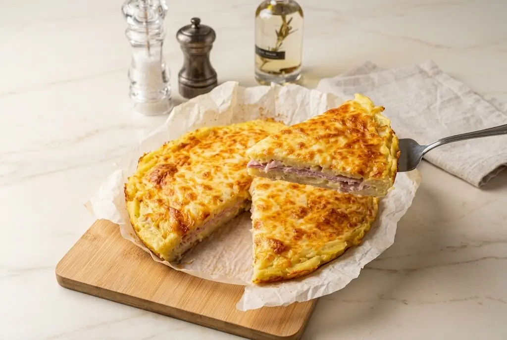 galette de pomme de terre jambon et fromage mozzarella cuite, dorée et gratinée, prête à être servie.