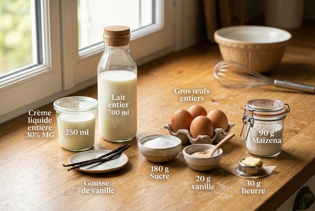 Les ingrédients essentiels pour un flan pâtissier sans pâte : lait entier, œufs frais, sucre blanc, maïzena, beurre, crème fraîche et gousse de vanille.