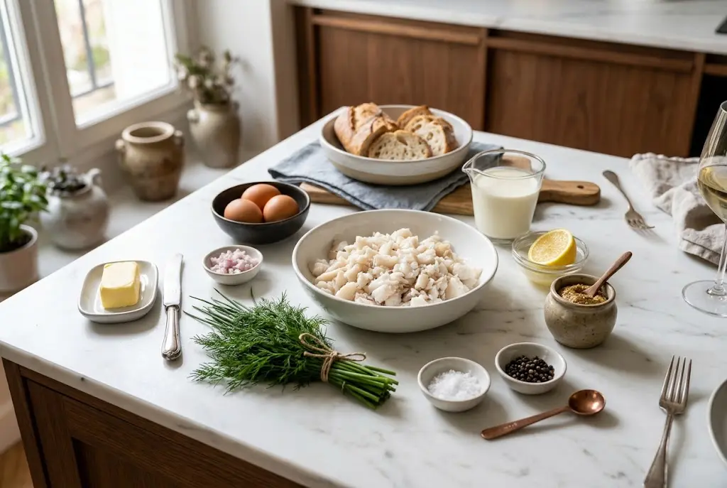 Ingrédients frais disposés sur un plan en marbre blanc pour préparer une terrine de poisson froide avec du cabillaud, des œufs, de la crème et de l'aneth.