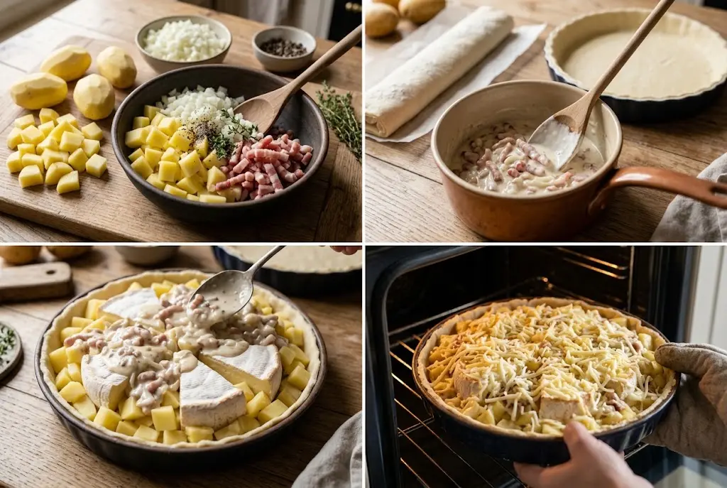 Gros plan sur le montage de la tarte : des morceaux généreux de fromage à tartiflette sont déposés sur la pâte, recouverts par les dés de pommes de terre, le tout nappé par la sauce crémeuse aux lardons.