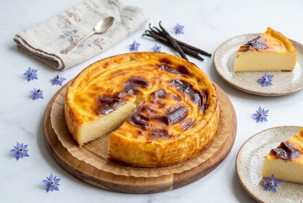 Le flan pâtissier sans pâte cuit et refroidi, avec sa surface bien caramélisée, présenté entier avec une part découpée prête à être dégustée.