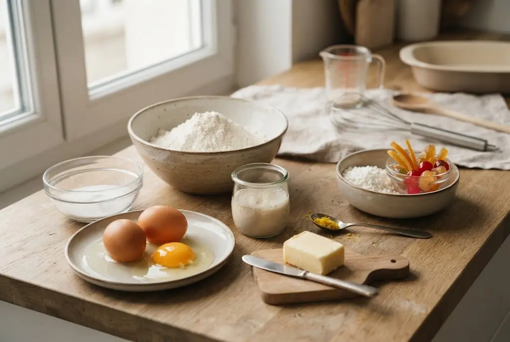 Recette Brioche des Rois Moelleuse : Étapes de Préparation Ingrédients frais sur une table en bois pour préparer une brioche des rois avec farine, œufs, beurre et sucre perlé.