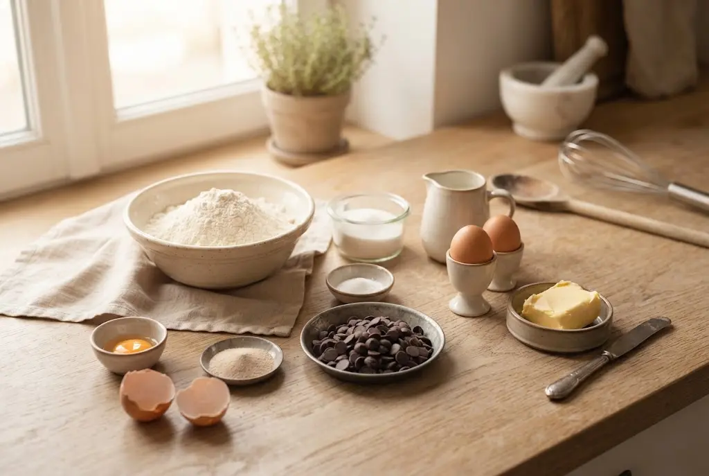 Brioche Maison aux Pépites de Chocolat Vue à plat des ingrédients frais pour la brioche sur un plan de travail en bois, incluant de la farine dans un bol, des œufs, du beurre, du sucre et des pépites de chocolat.