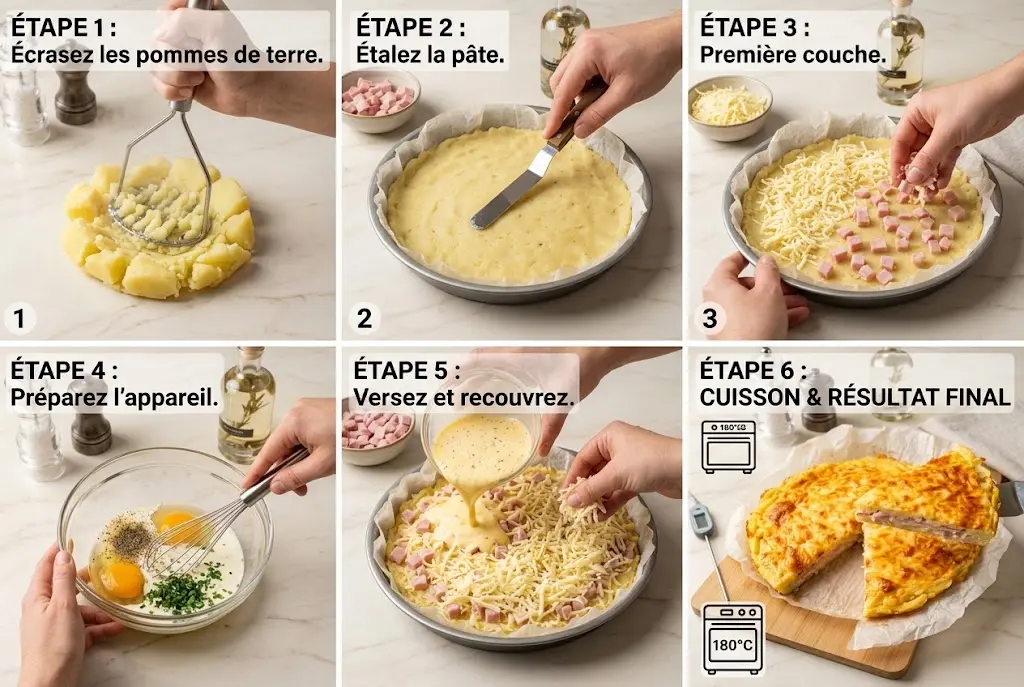 Ajout d'une couche de mozzarella râpée et de morceaux de jambon sur la base de pommes de terre.