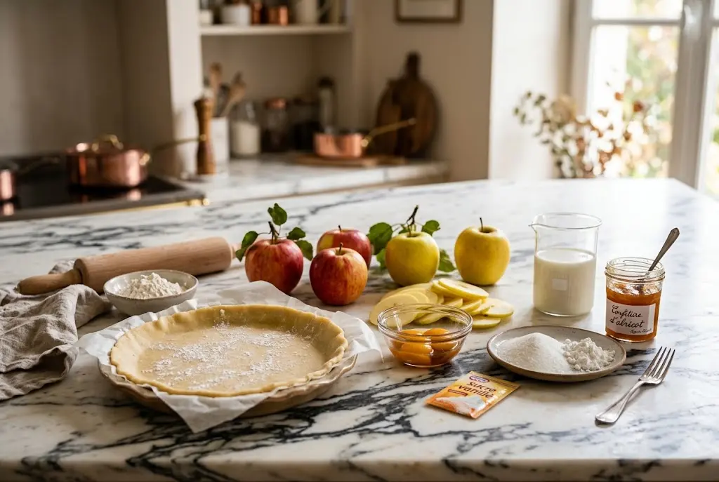 Tarte aux pommes maison Ingrédients pour préparer une tarte aux pommes sur un plan de travail en marbre