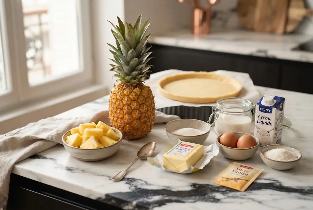 Ingrédients pour la pâte de tarte ananas sur un plan de travail en marbre : beurre, farine, sucre, œufs.