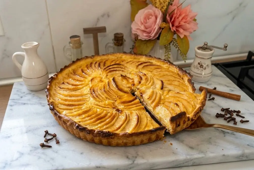 Tarte aux pommes dorée et brillante avec une part découpée