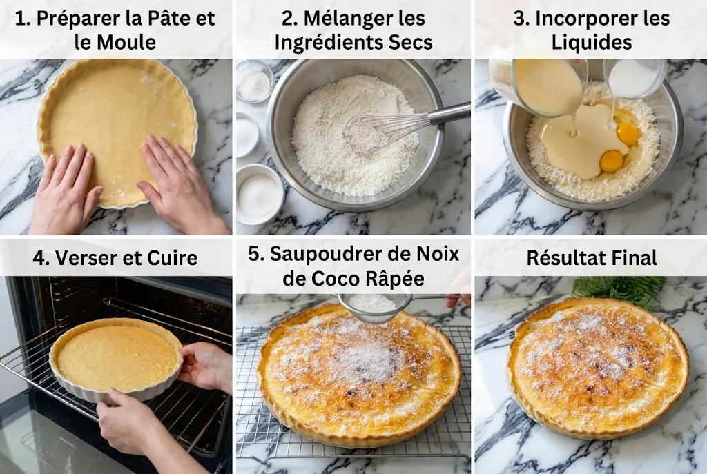 Étapes de recette pas à pas pour préparer et cuire une tarte coco maison dorée