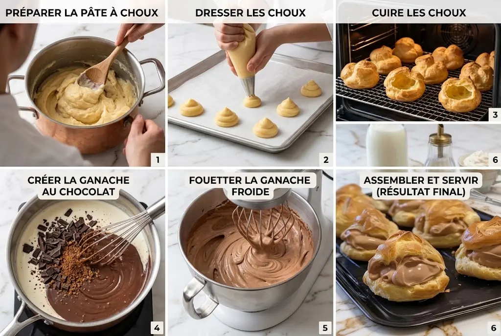 Une plaque de cuisson fraîchement sortie du four, remplie de choux à la crème café & chocolat blanc dorés et parfaits, prêts à être dégustés.