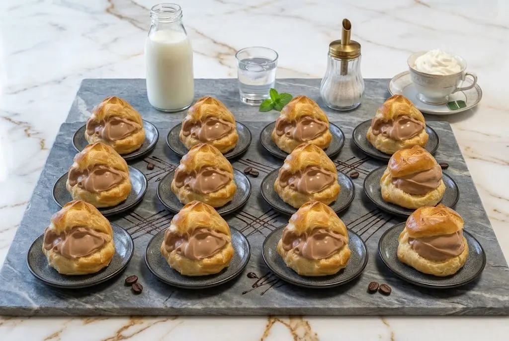 Une vue de dessus montrant un chou à la crème café & chocolat blanc ouvert en deux, révélant la richesse et l'onctuosité de la garniture.