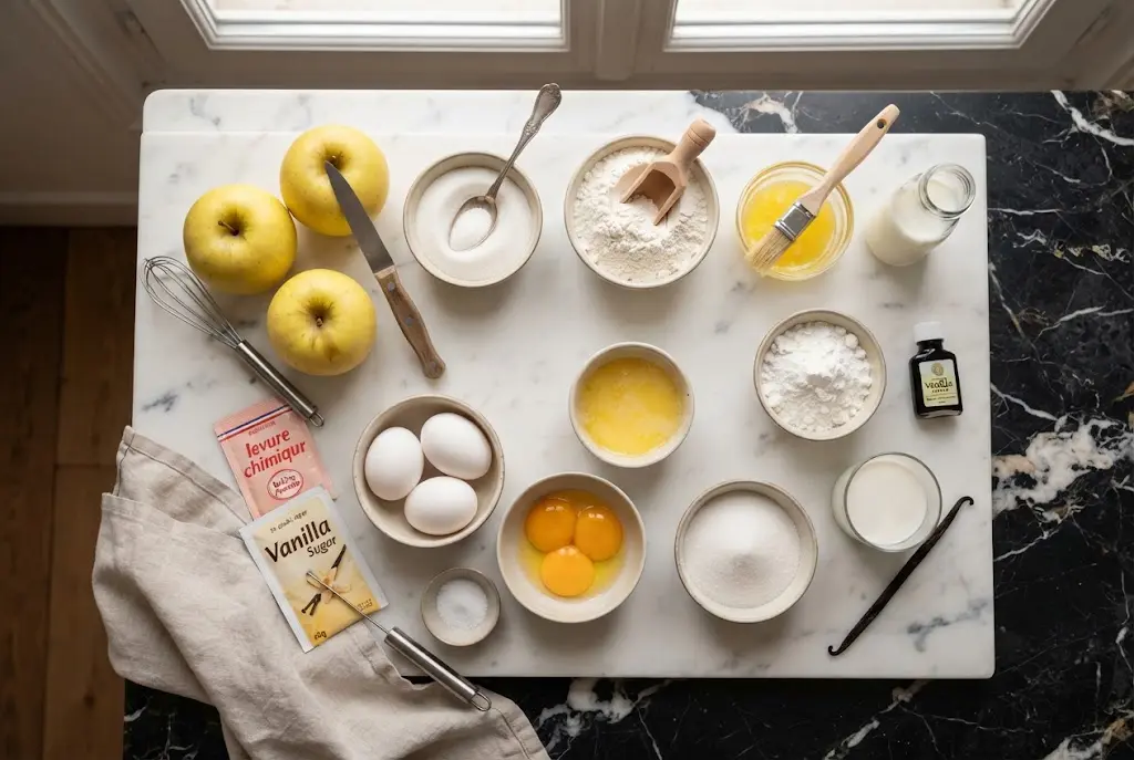 Ingrédients frais disposés sur un plan en marbre pour la recette du gâteau aux pommes
