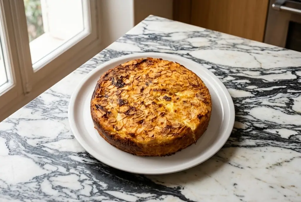 Gateau aux pommes au mascarpone Gâteau aux pommes au mascarpone entier cuit et doré aux amandes effilées servi sur une assiette blanche