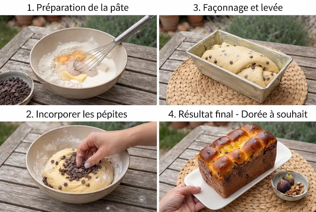 Main en train d'incorporer délicatement les pépites de chocolat dans la pâte à brioche souple posée dans un grand saladier en céramique.