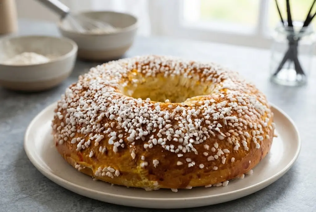Brioche des rois dorée et cuite, recouverte de sucre perlé, présentée sur une assiette en céramique.