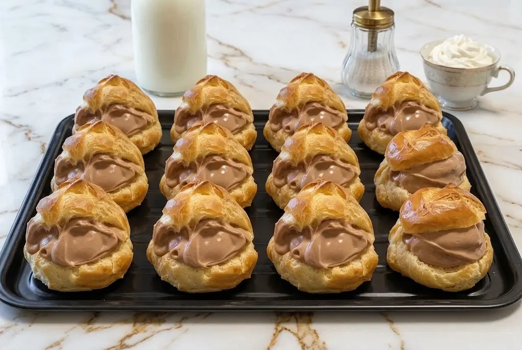Un élégant plateau de service présentant une sélection de choux à la crème, certains avec des éclats de chocolat blanc, d'autres décorés d'un grain de café.
