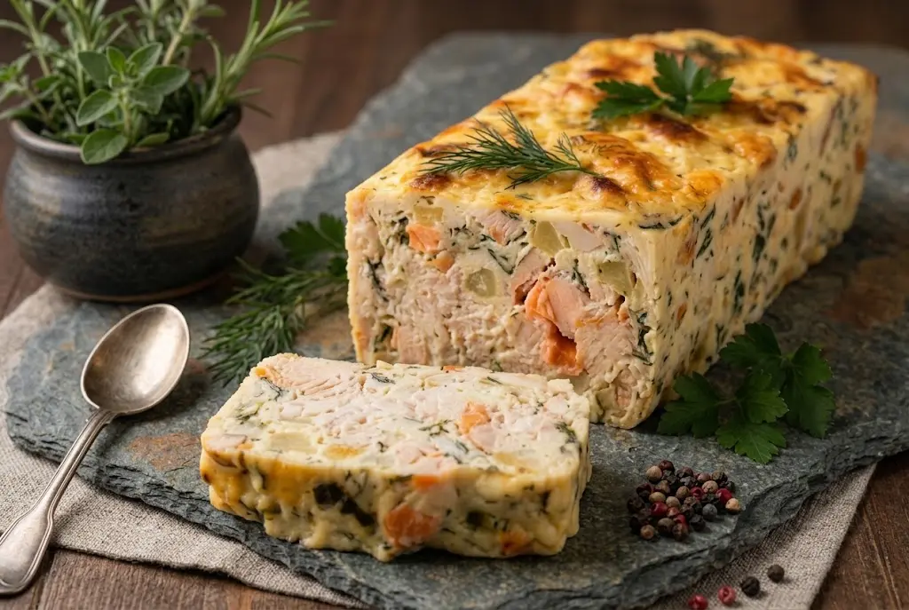 Terrine de poisson froide démoulée sur une planche de schiste avec une tranche découpée garnie d'aneth frais.